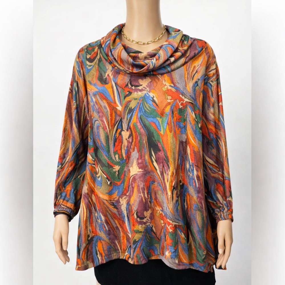 Ali Miles Art To Wear Cowl Neck Tunic Top XL multicolor abstract artsy lagenlook
